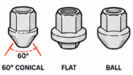 Conical, flat and ball lug nut seat shapes